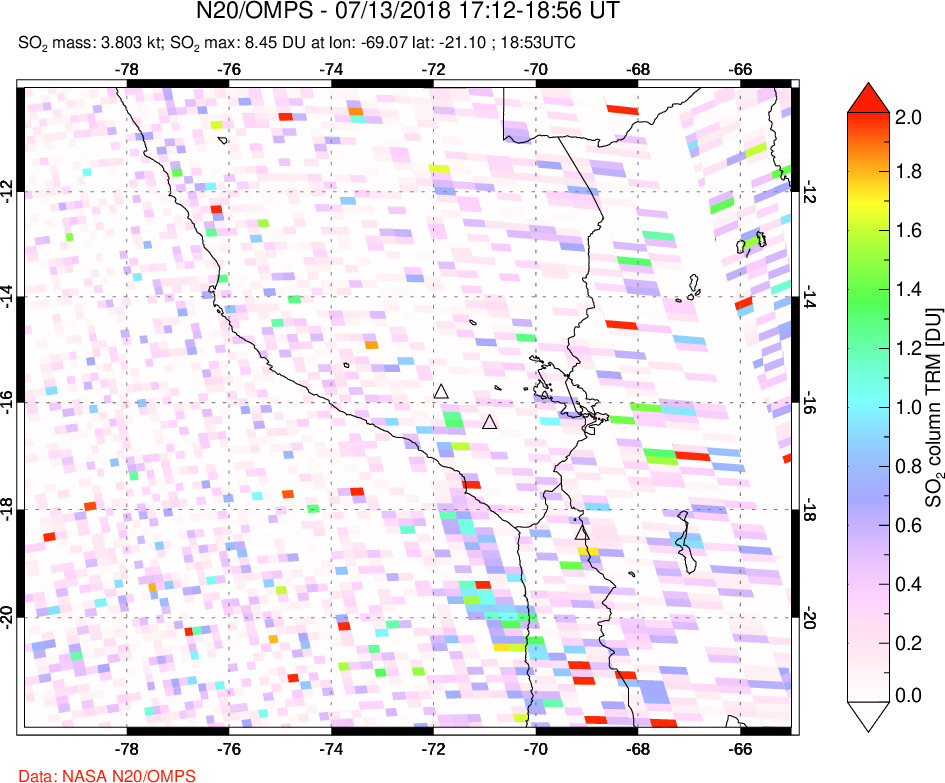 A sulfur dioxide image over Peru on Jul 13, 2018.