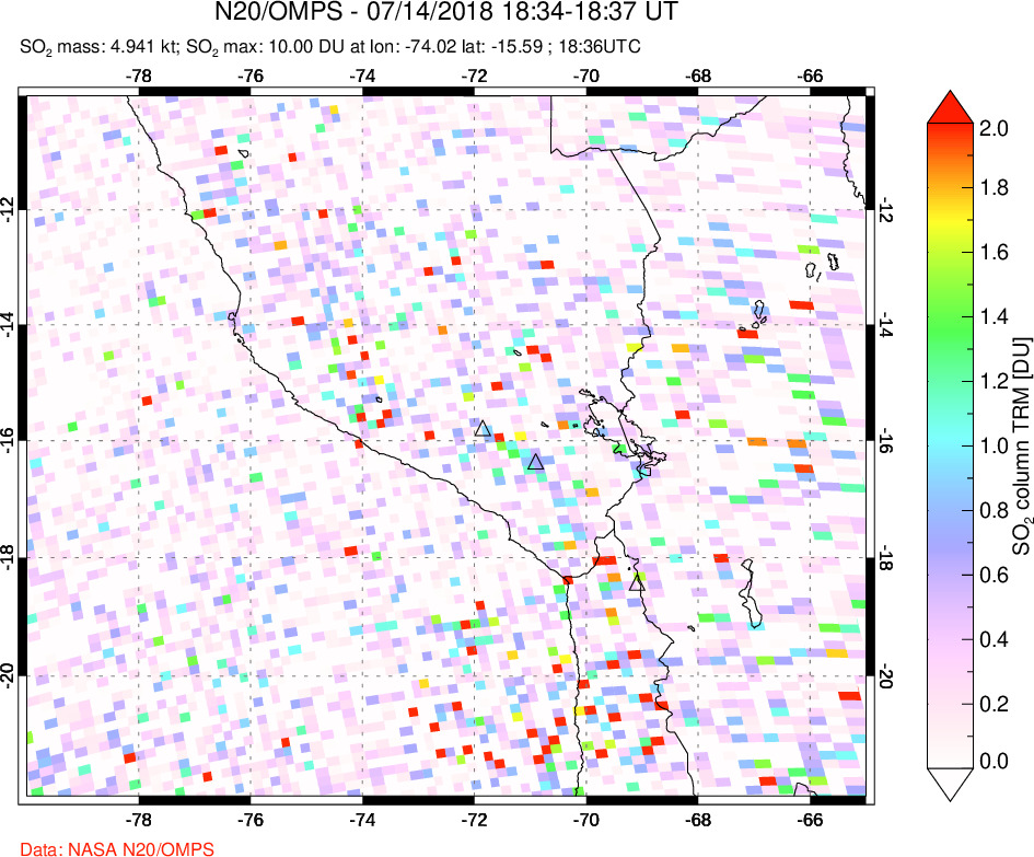 A sulfur dioxide image over Peru on Jul 14, 2018.