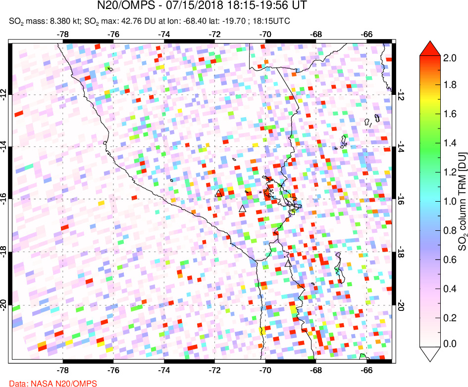 A sulfur dioxide image over Peru on Jul 15, 2018.