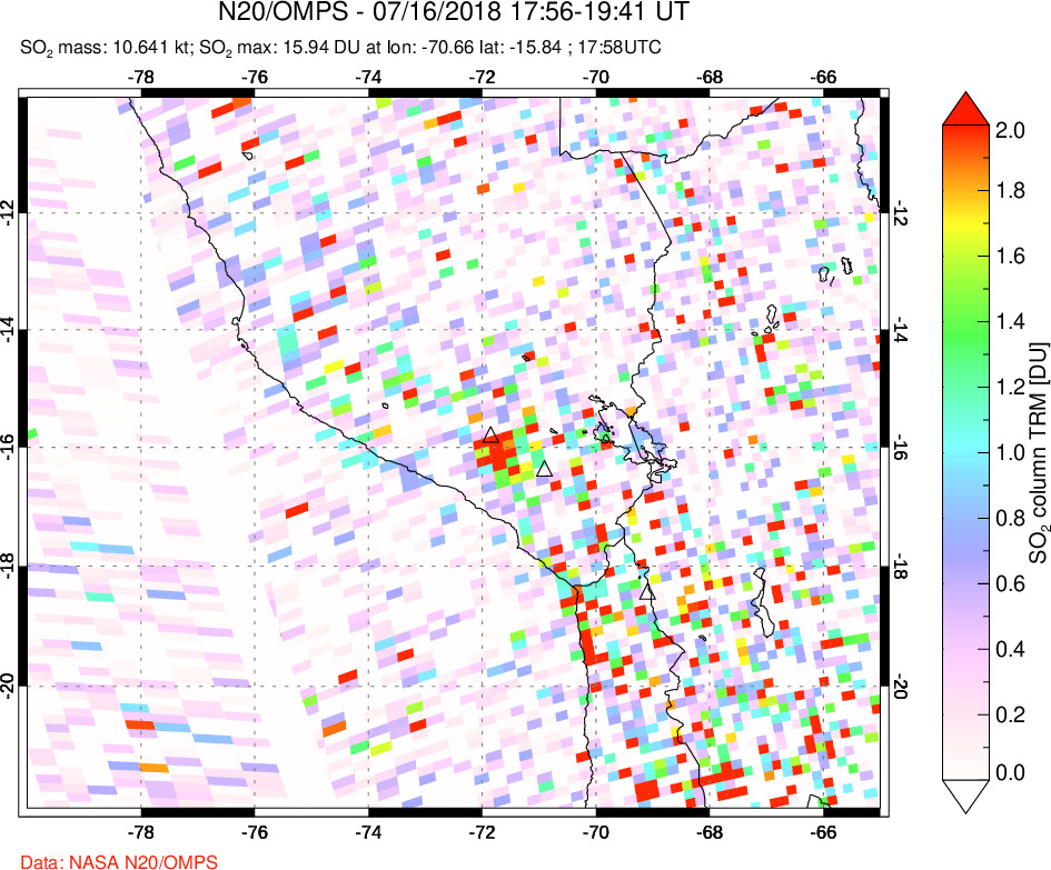 A sulfur dioxide image over Peru on Jul 16, 2018.