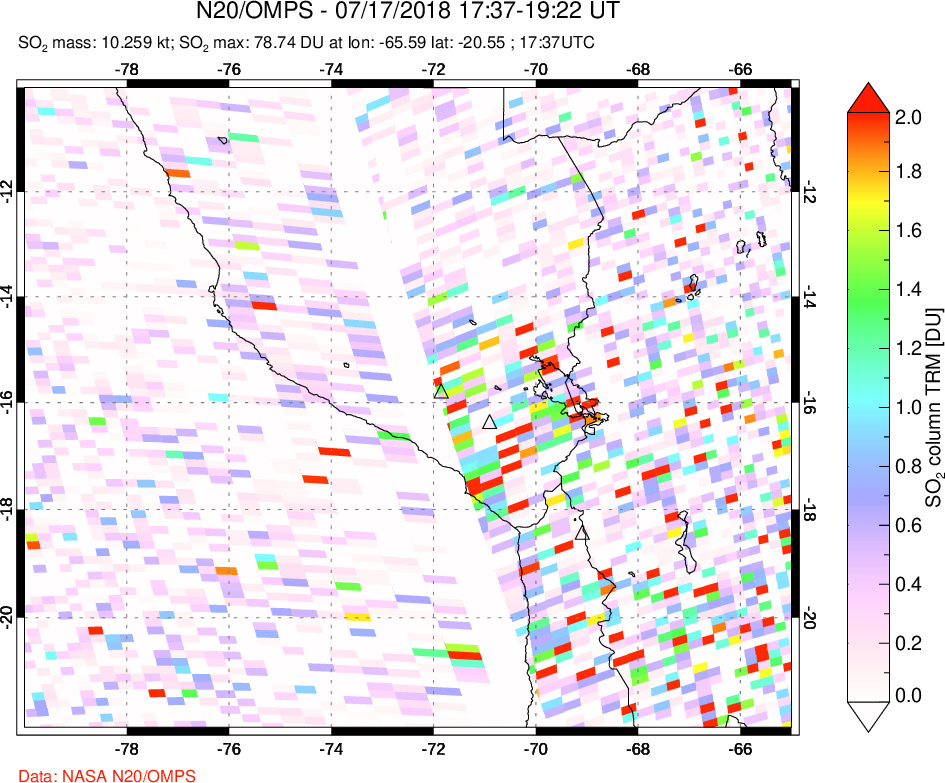 A sulfur dioxide image over Peru on Jul 17, 2018.