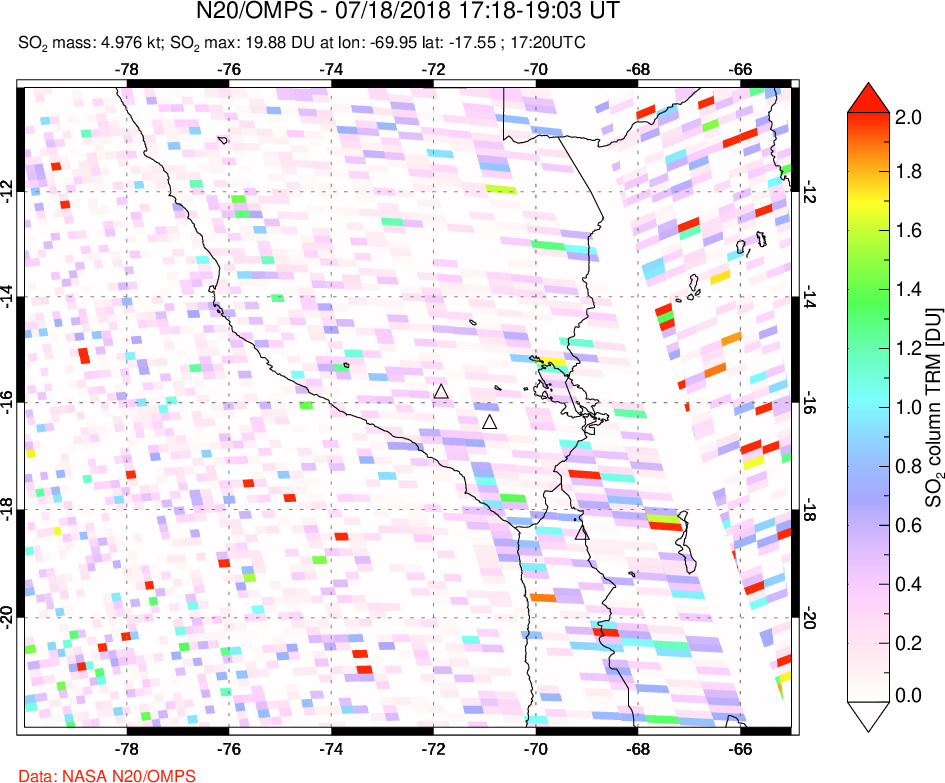 A sulfur dioxide image over Peru on Jul 18, 2018.