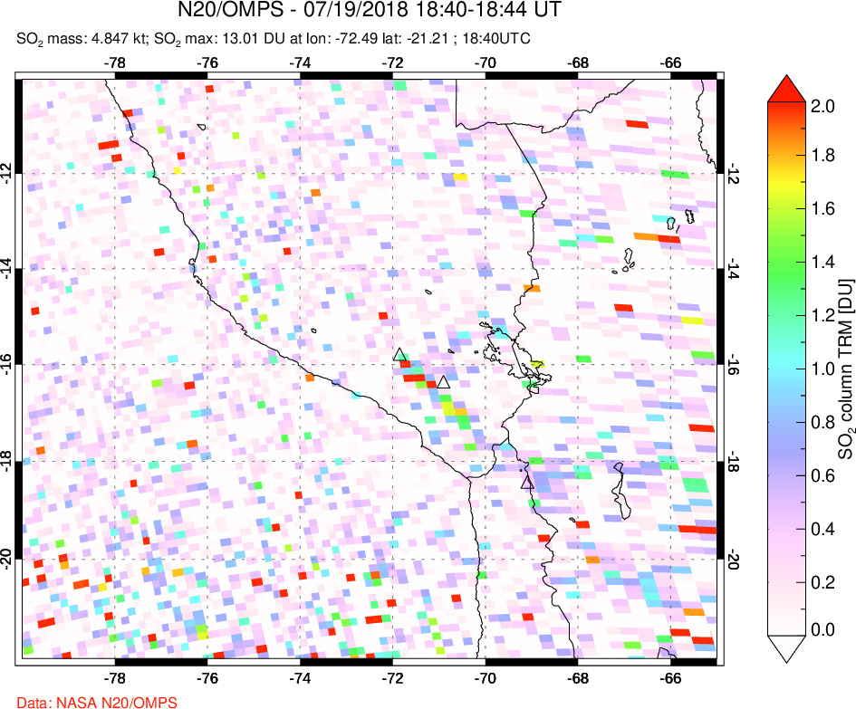 A sulfur dioxide image over Peru on Jul 19, 2018.