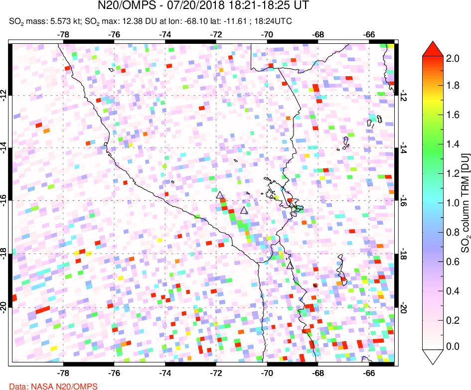 A sulfur dioxide image over Peru on Jul 20, 2018.