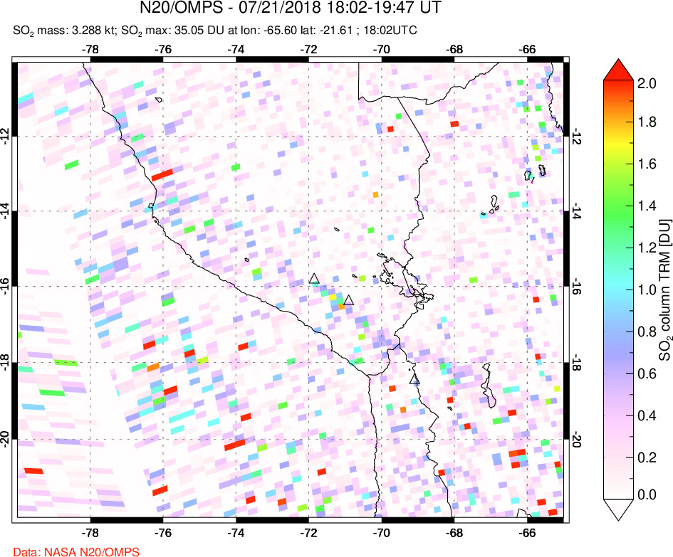 A sulfur dioxide image over Peru on Jul 21, 2018.