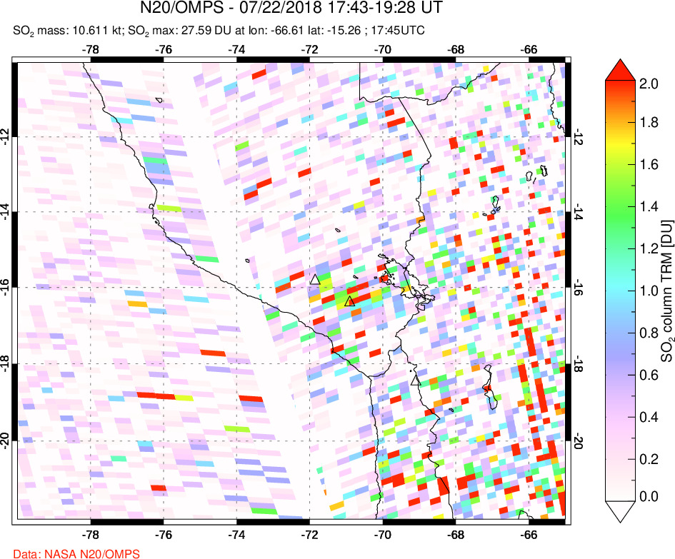 A sulfur dioxide image over Peru on Jul 22, 2018.