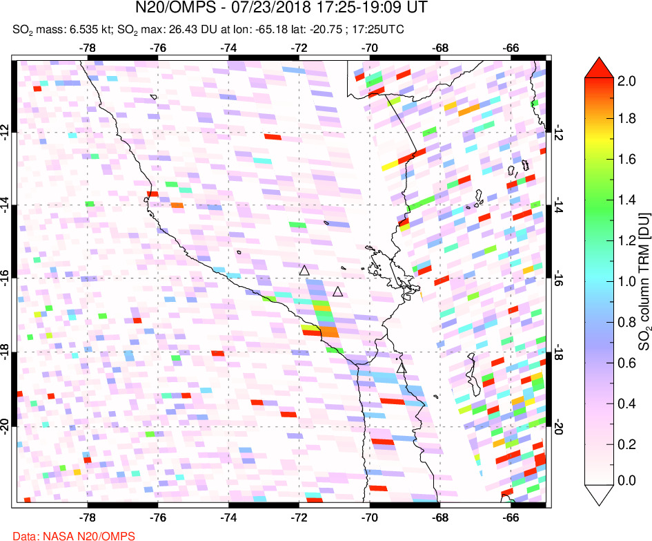 A sulfur dioxide image over Peru on Jul 23, 2018.