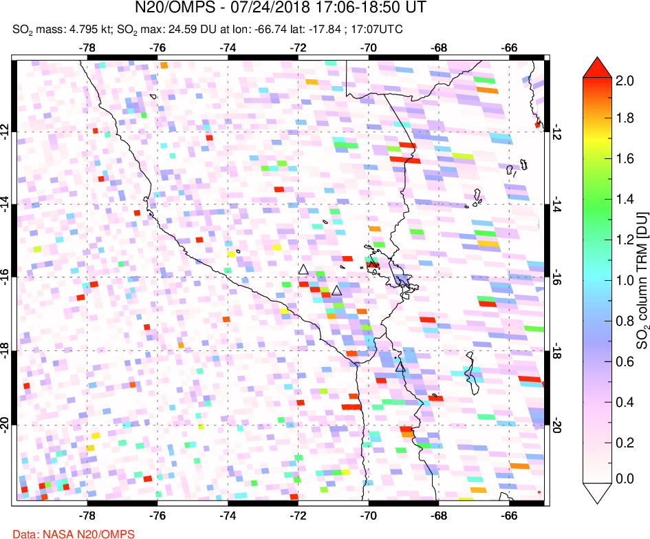 A sulfur dioxide image over Peru on Jul 24, 2018.