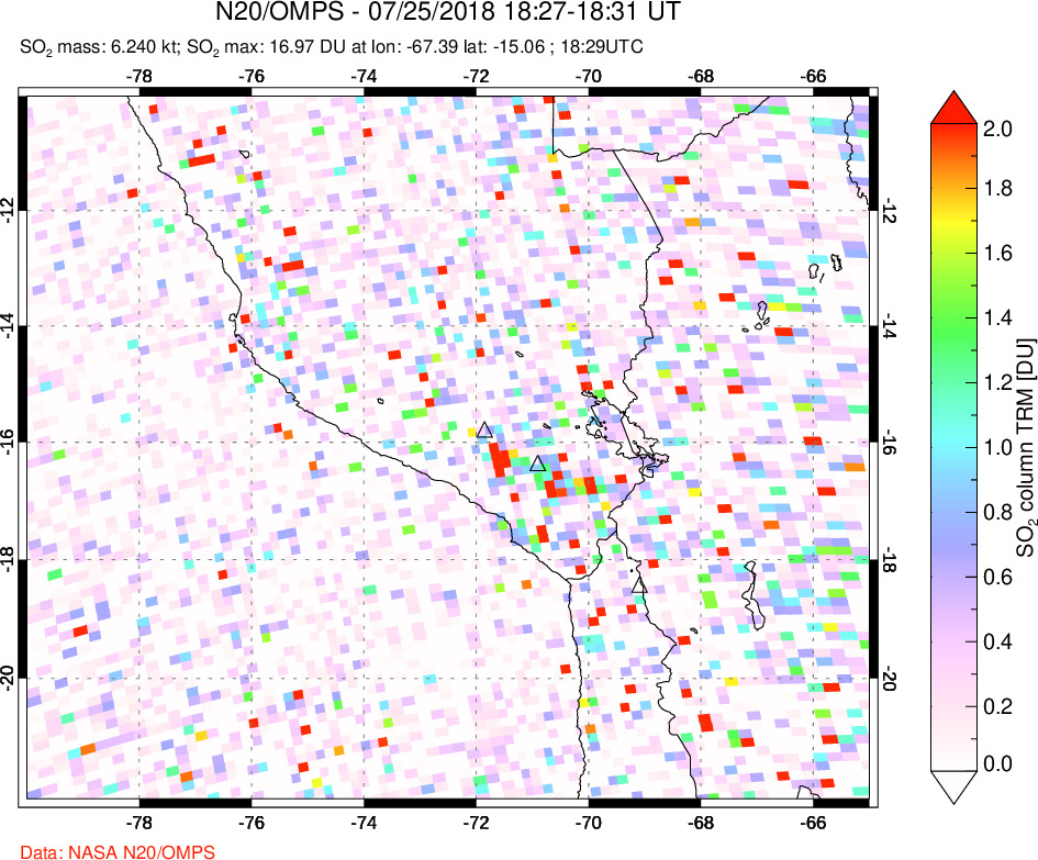 A sulfur dioxide image over Peru on Jul 25, 2018.