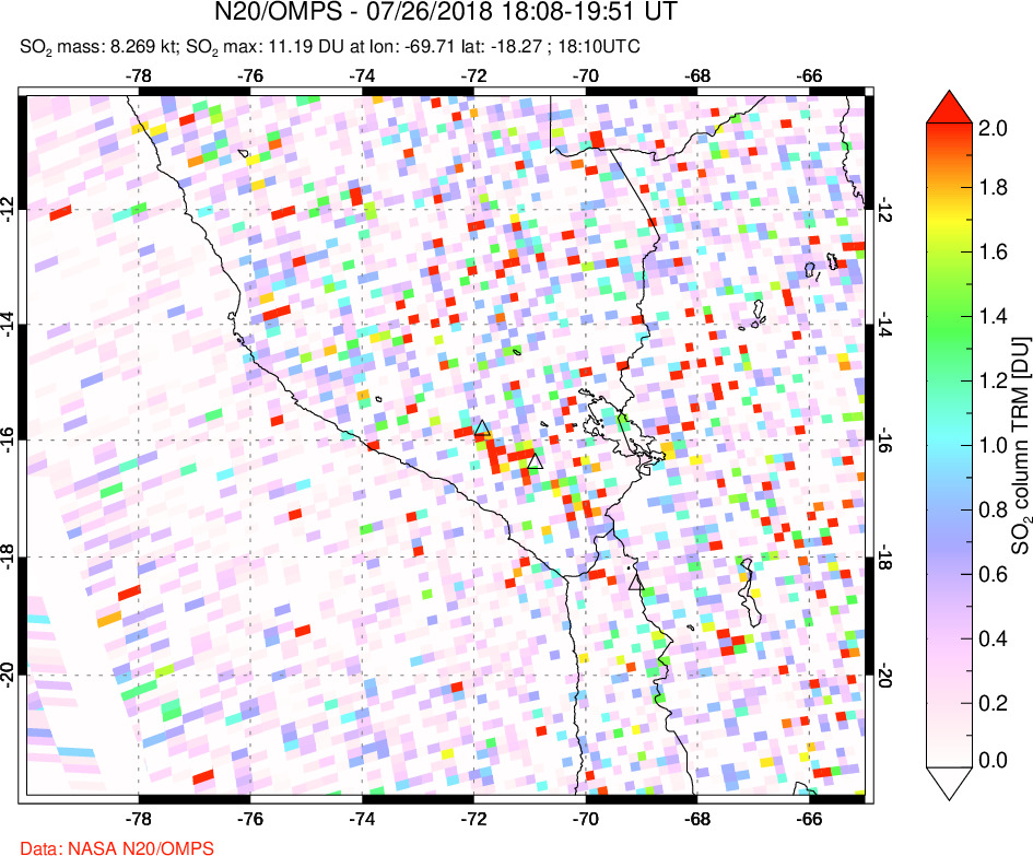 A sulfur dioxide image over Peru on Jul 26, 2018.