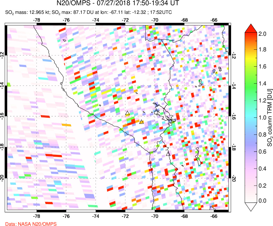 A sulfur dioxide image over Peru on Jul 27, 2018.