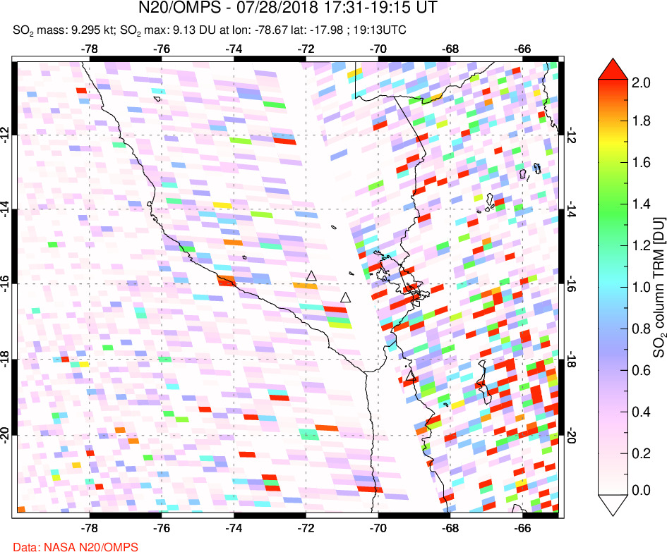 A sulfur dioxide image over Peru on Jul 28, 2018.