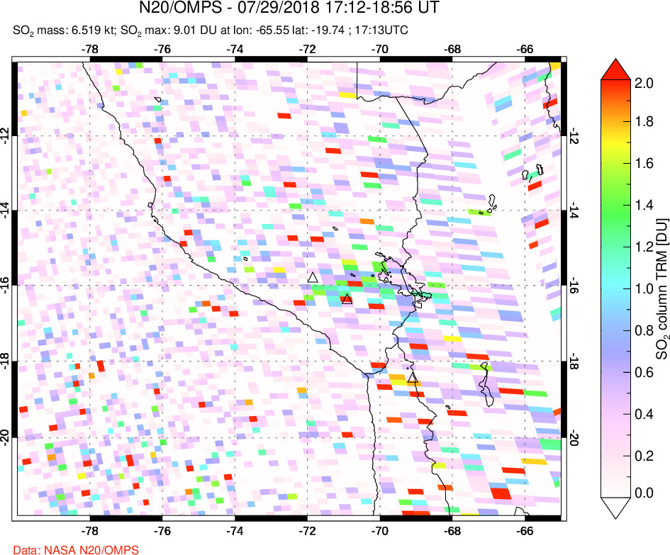 A sulfur dioxide image over Peru on Jul 29, 2018.