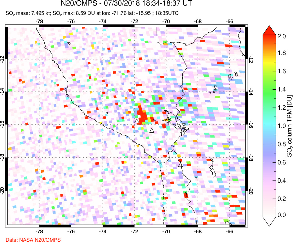 A sulfur dioxide image over Peru on Jul 30, 2018.