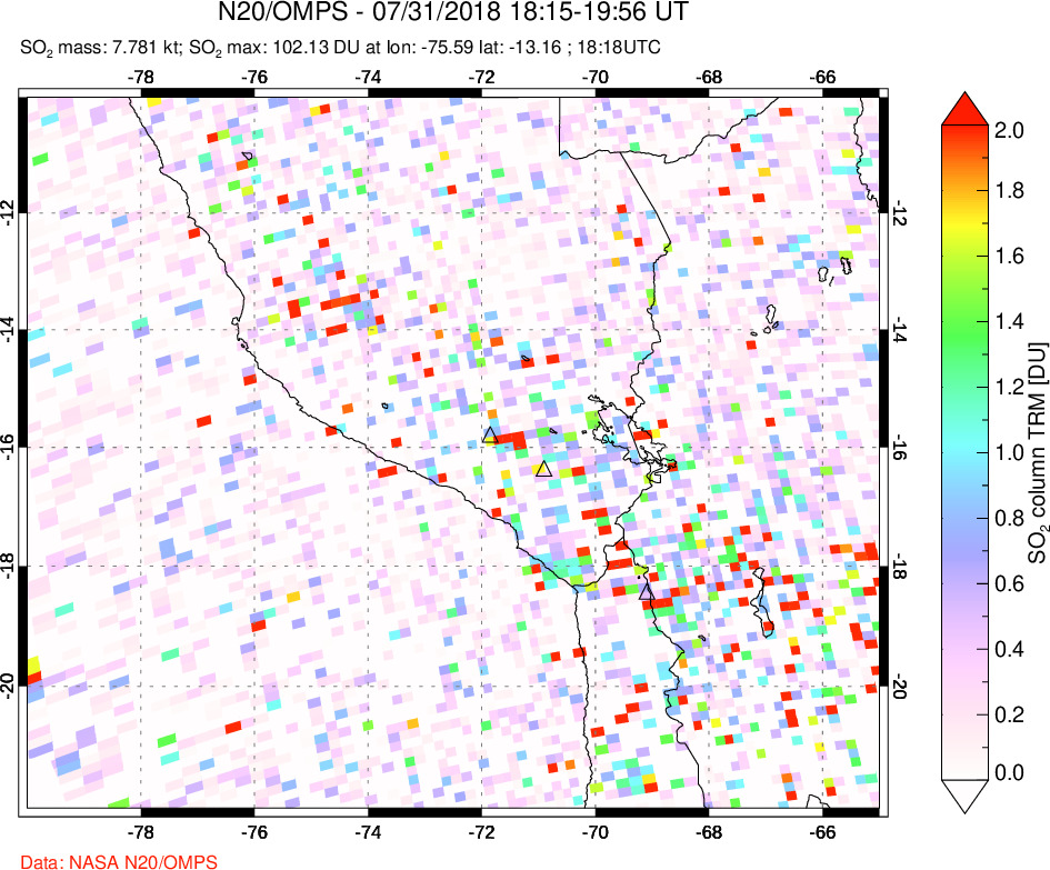 A sulfur dioxide image over Peru on Jul 31, 2018.