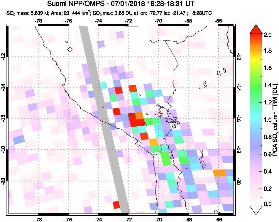 A sulfur dioxide image over Peru on Jul 01, 2018.