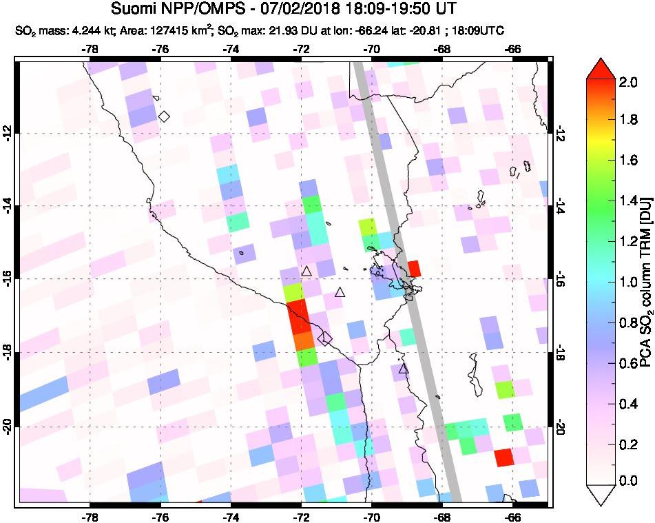 A sulfur dioxide image over Peru on Jul 02, 2018.