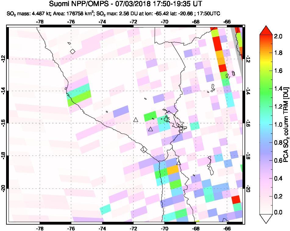 A sulfur dioxide image over Peru on Jul 03, 2018.