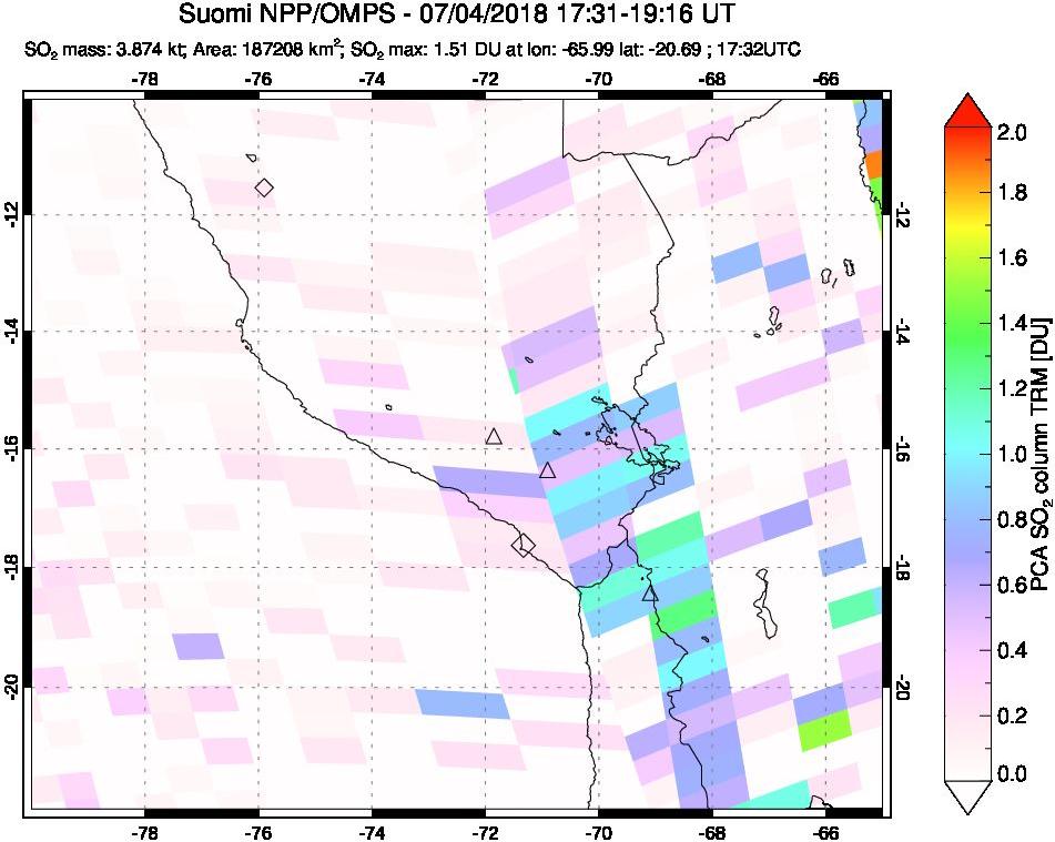 A sulfur dioxide image over Peru on Jul 04, 2018.