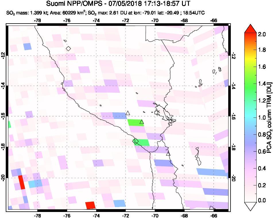 A sulfur dioxide image over Peru on Jul 05, 2018.