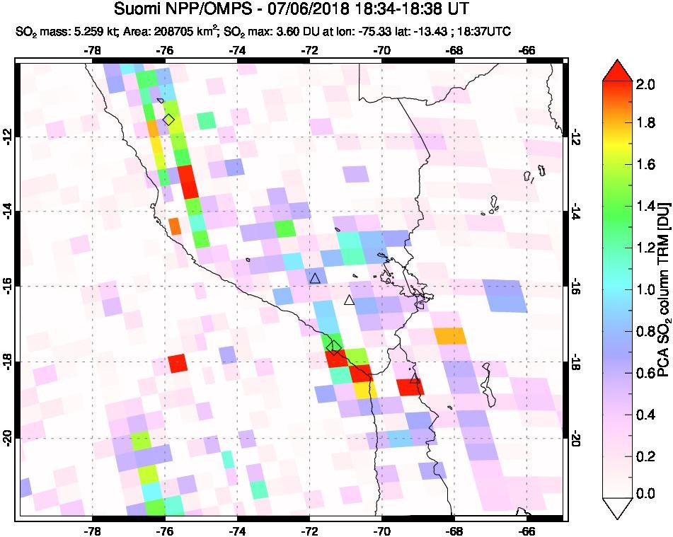 A sulfur dioxide image over Peru on Jul 06, 2018.