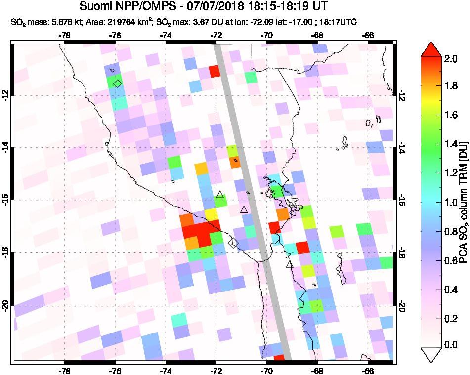 A sulfur dioxide image over Peru on Jul 07, 2018.