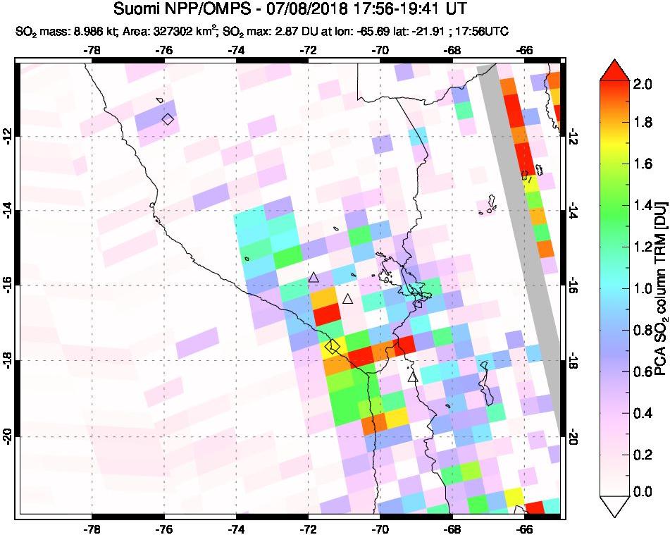 A sulfur dioxide image over Peru on Jul 08, 2018.