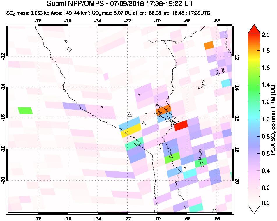 A sulfur dioxide image over Peru on Jul 09, 2018.