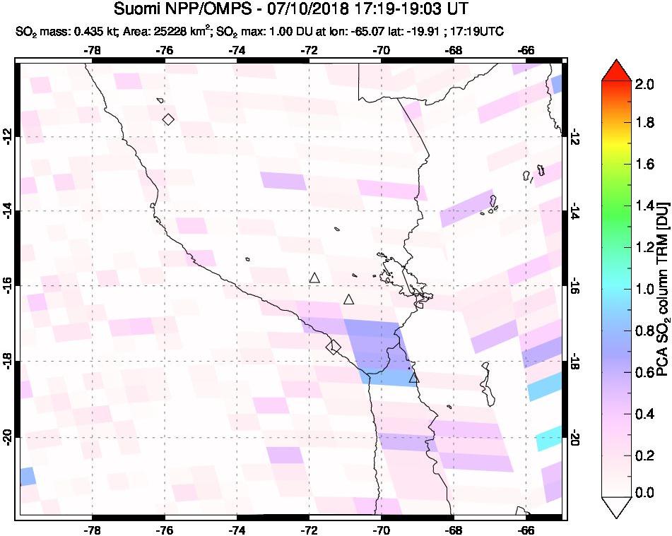 A sulfur dioxide image over Peru on Jul 10, 2018.