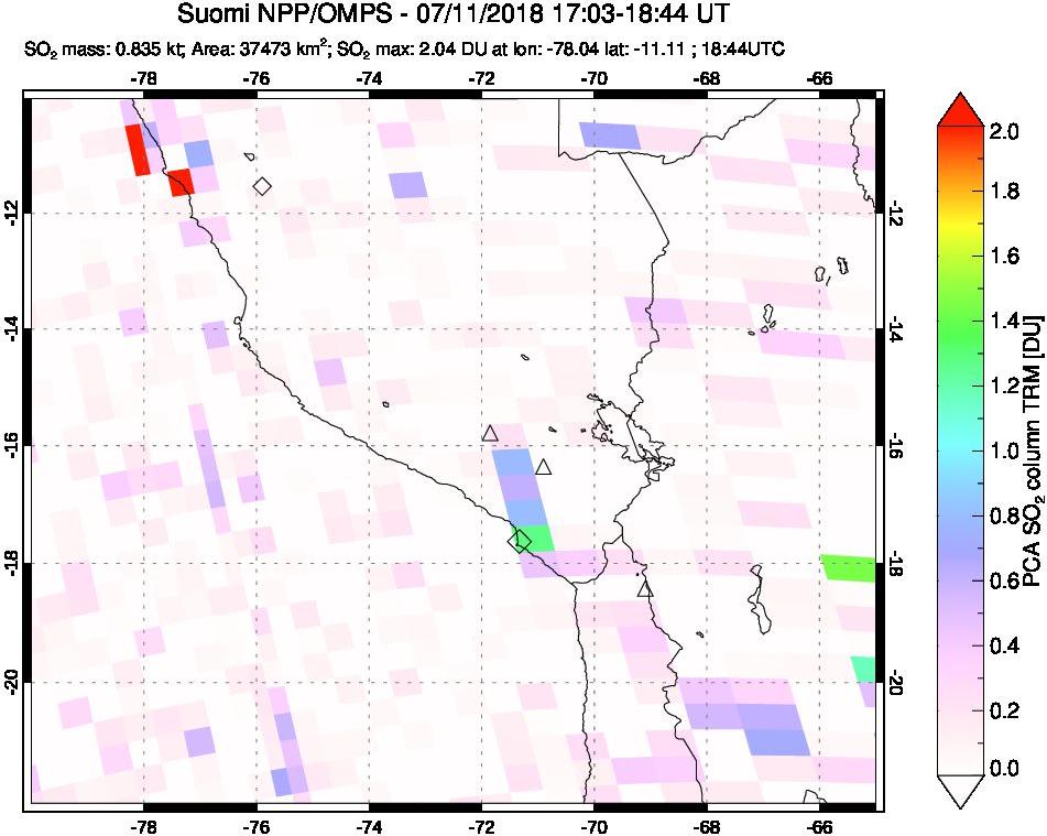 A sulfur dioxide image over Peru on Jul 11, 2018.