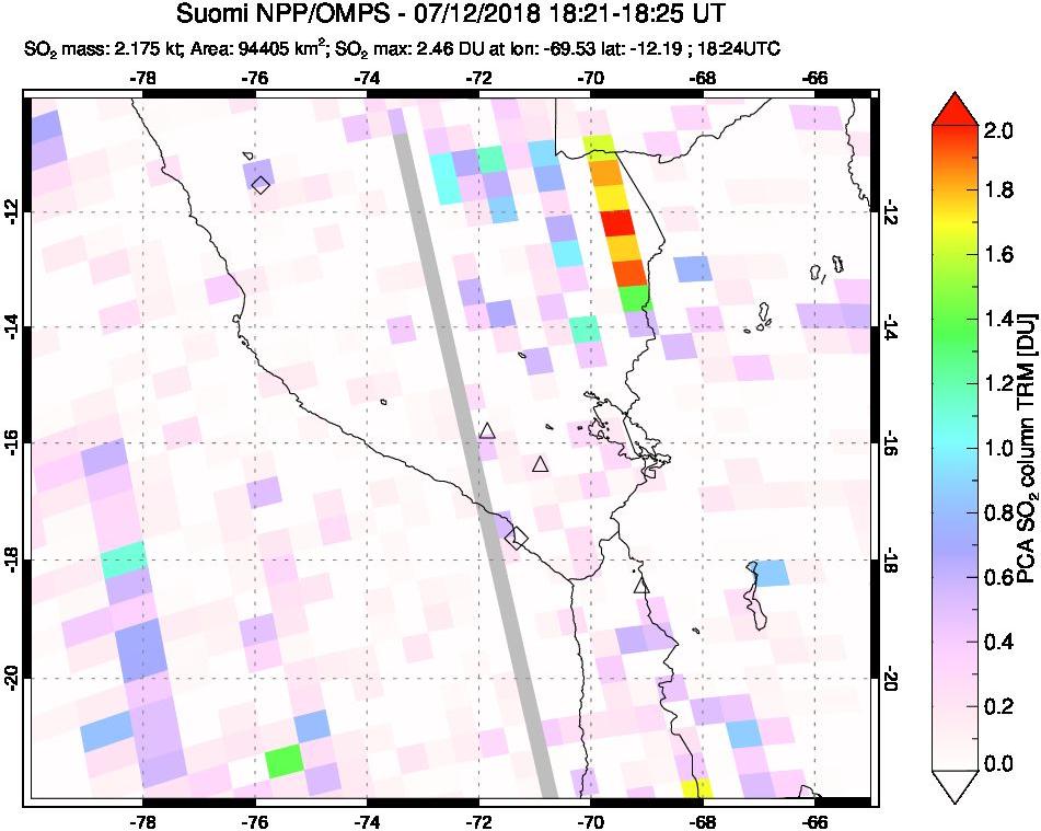 A sulfur dioxide image over Peru on Jul 12, 2018.