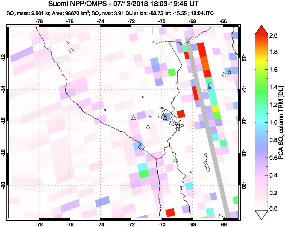 A sulfur dioxide image over Peru on Jul 13, 2018.