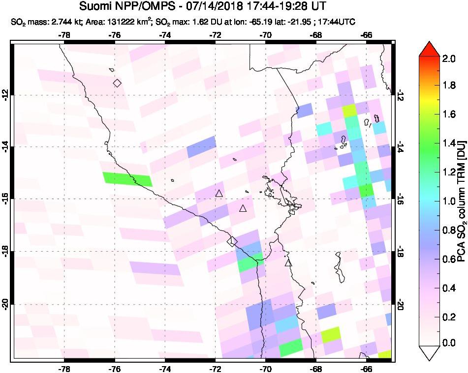 A sulfur dioxide image over Peru on Jul 14, 2018.