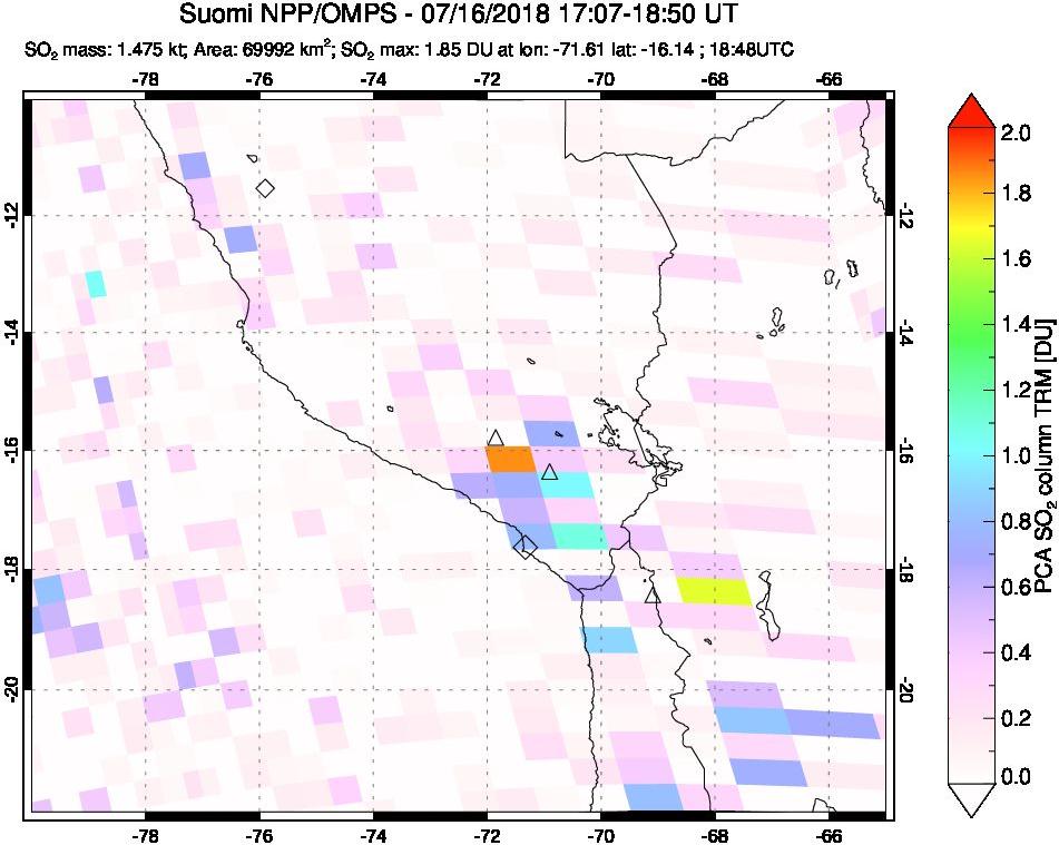 A sulfur dioxide image over Peru on Jul 16, 2018.