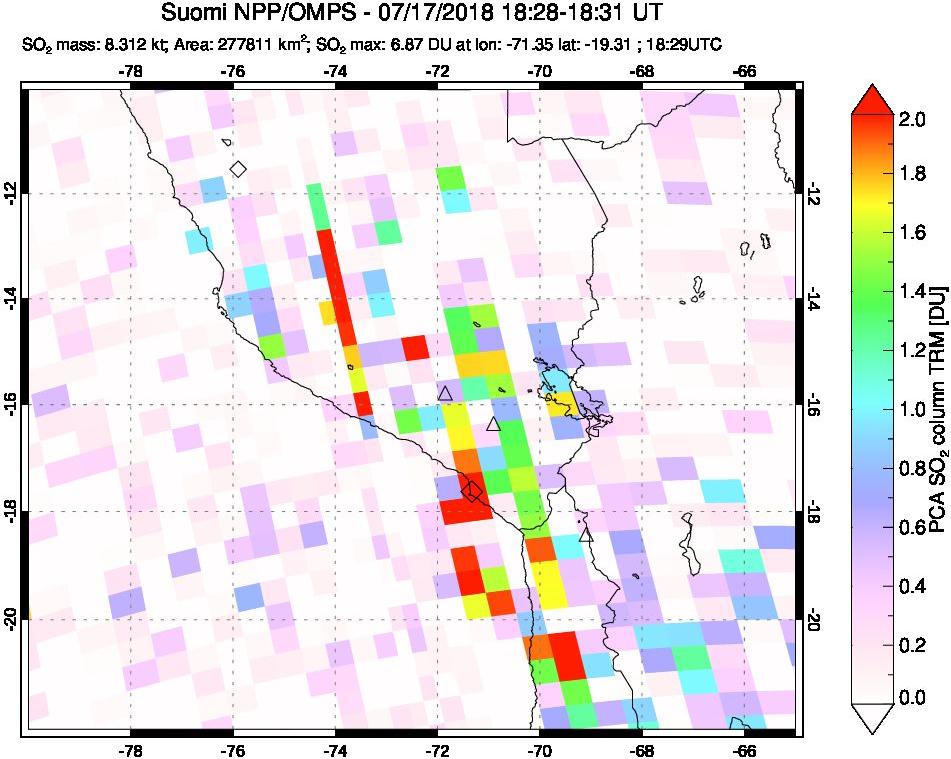 A sulfur dioxide image over Peru on Jul 17, 2018.