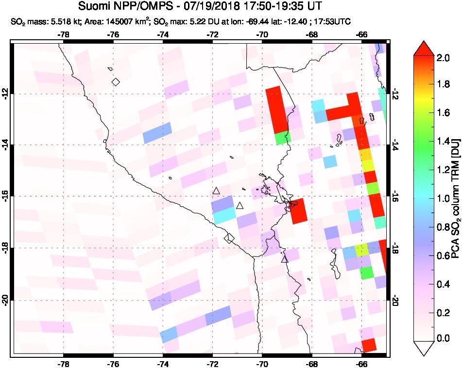 A sulfur dioxide image over Peru on Jul 19, 2018.