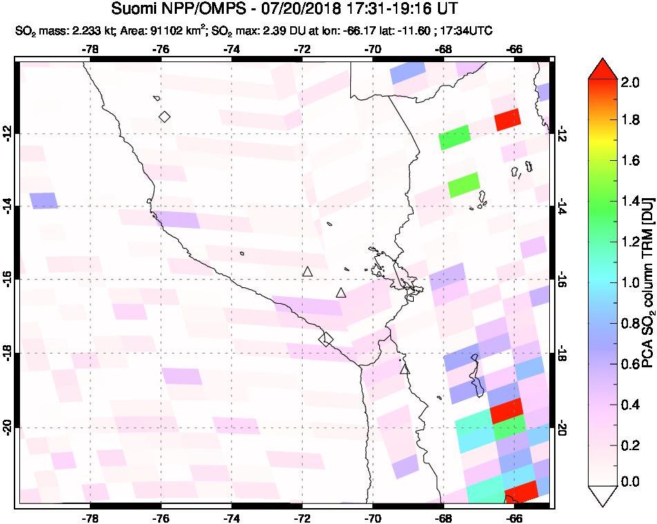 A sulfur dioxide image over Peru on Jul 20, 2018.