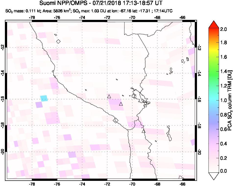 A sulfur dioxide image over Peru on Jul 21, 2018.