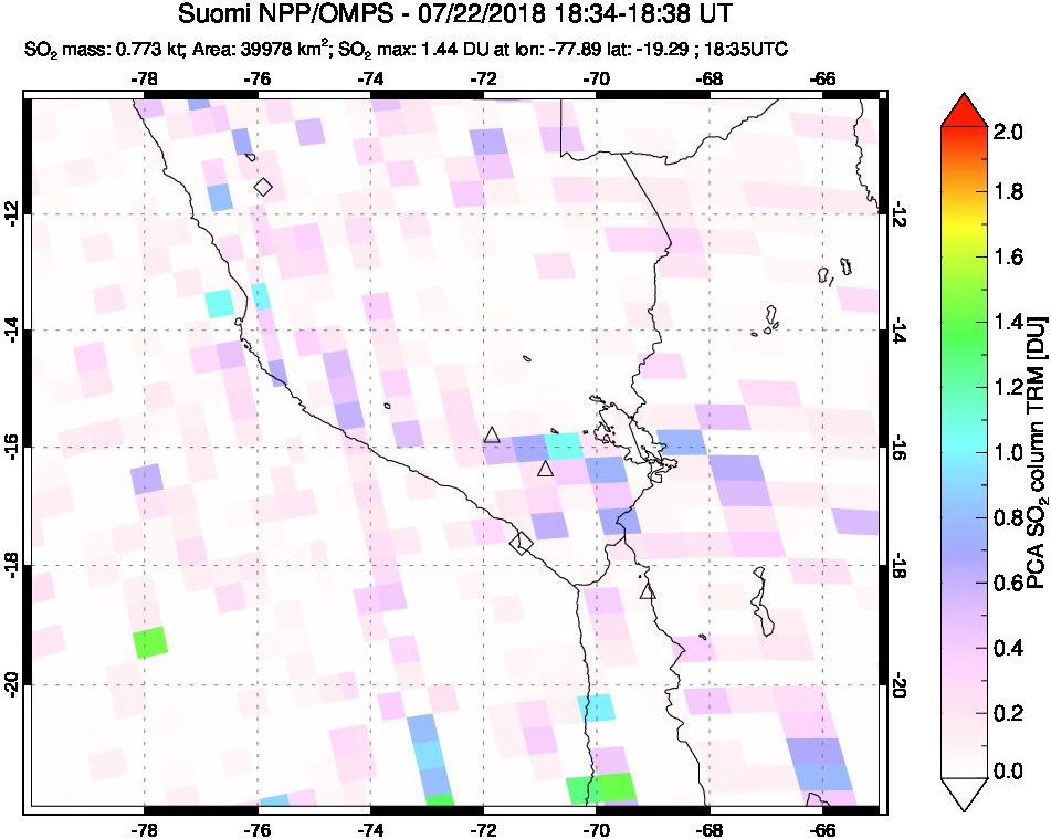 A sulfur dioxide image over Peru on Jul 22, 2018.