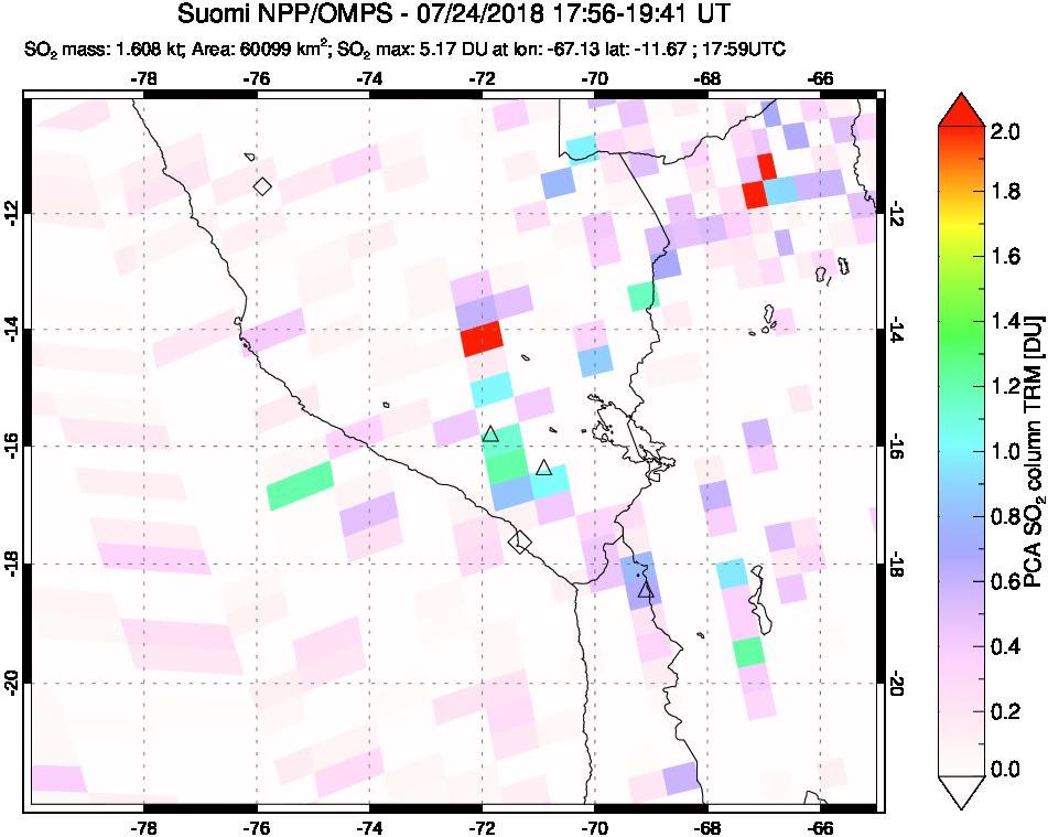 A sulfur dioxide image over Peru on Jul 24, 2018.