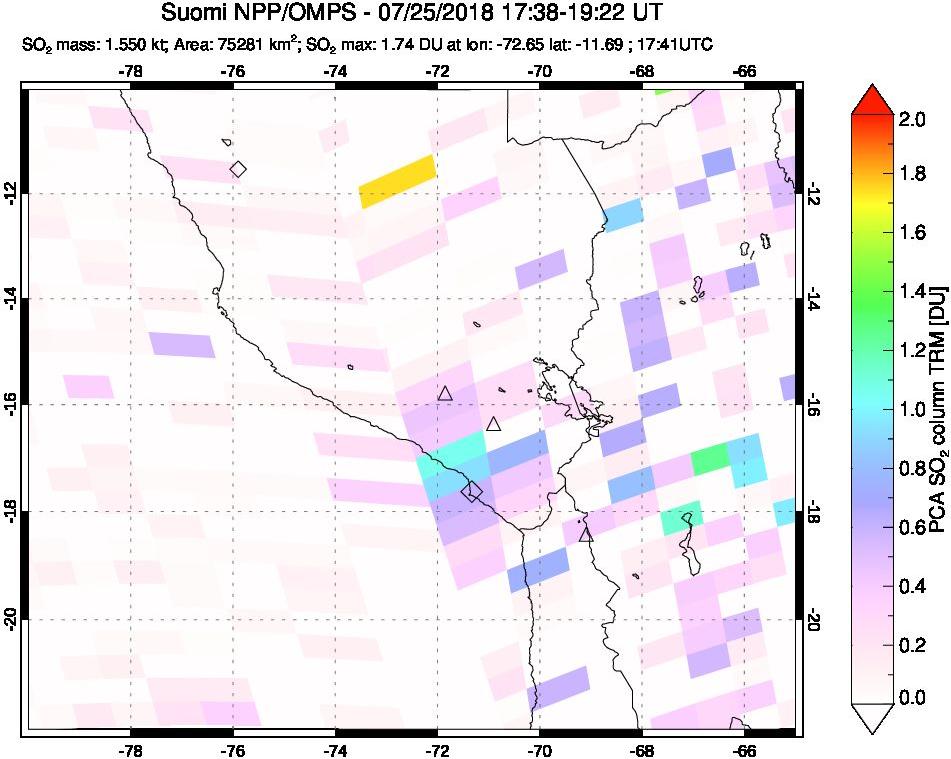 A sulfur dioxide image over Peru on Jul 25, 2018.