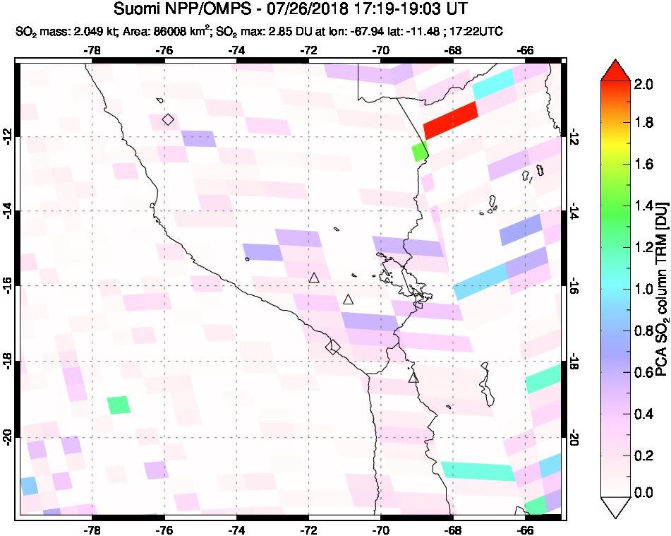 A sulfur dioxide image over Peru on Jul 26, 2018.