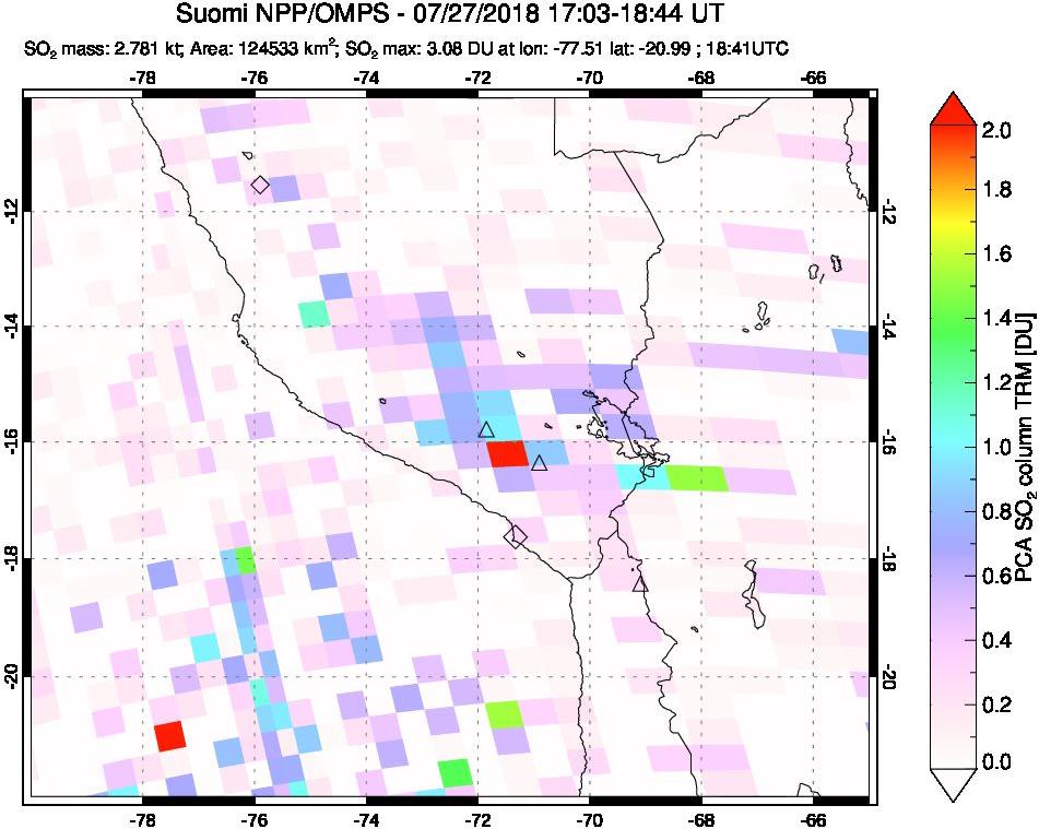 A sulfur dioxide image over Peru on Jul 27, 2018.