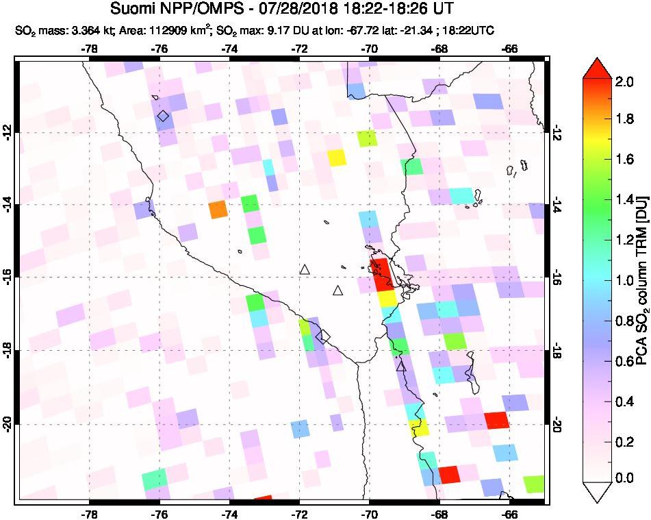 A sulfur dioxide image over Peru on Jul 28, 2018.