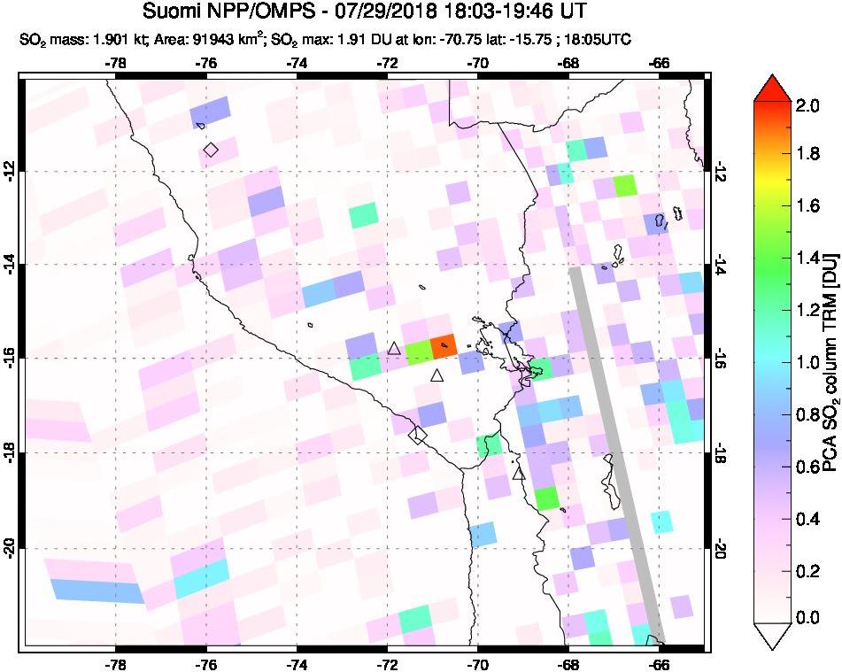 A sulfur dioxide image over Peru on Jul 29, 2018.