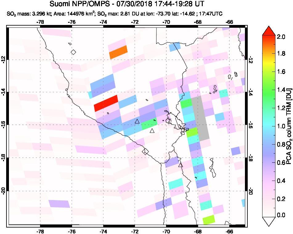 A sulfur dioxide image over Peru on Jul 30, 2018.