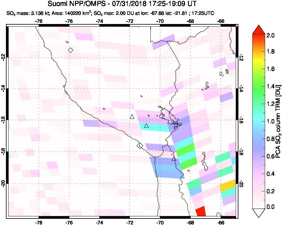 A sulfur dioxide image over Peru on Jul 31, 2018.