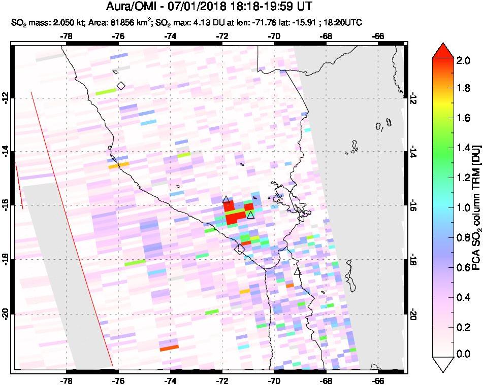 A sulfur dioxide image over Peru on Jul 01, 2018.
