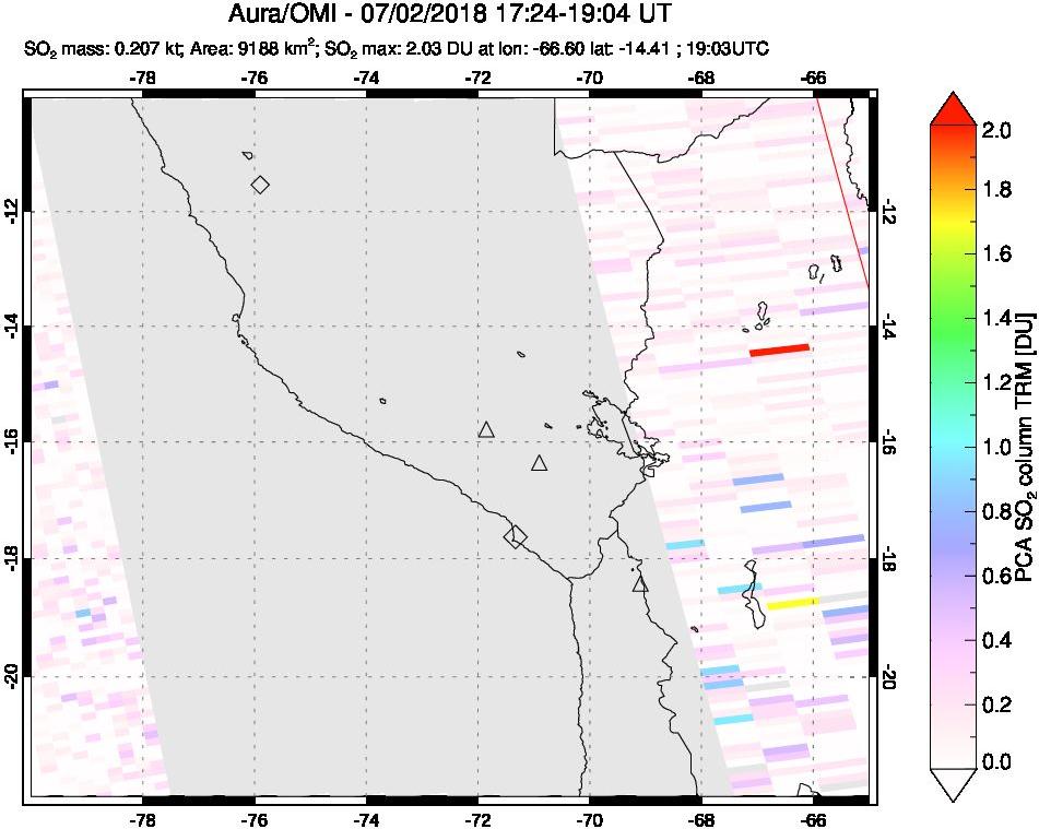 A sulfur dioxide image over Peru on Jul 02, 2018.