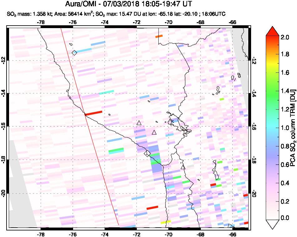 A sulfur dioxide image over Peru on Jul 03, 2018.